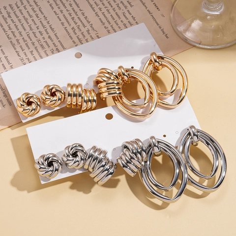 Geometric Knot Textured Hoop Double Oval Drop Earrings With 925 Sterling Silver Earring Post Fashion Jewelry For Women