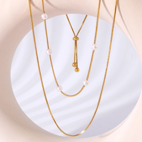 Collana in Acciaio Inossidabile a Doppio Strato Ciondolo Perla Artificiale Catena a Serpente Regolabile Placcata Oro Donna