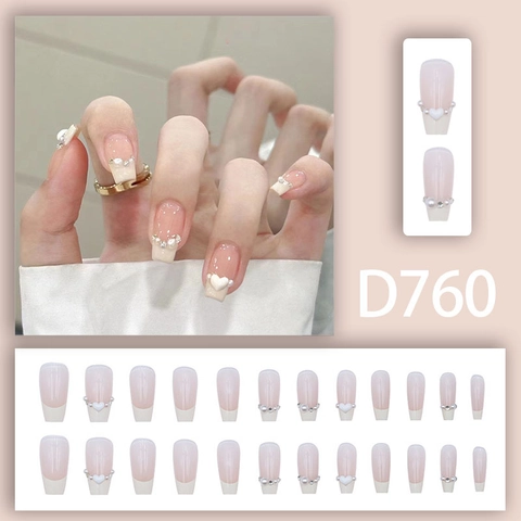 Faux Ongles Press On French Tip Longue Forme Cercueil Ballet Doux Blush Künstliche Perle Cœur Strass Ongles Artificiels