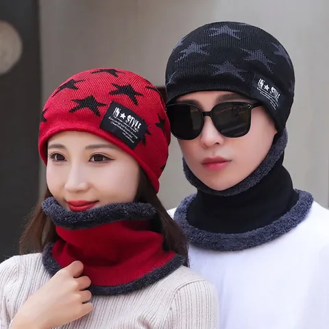 Winter Warm Strickmütze Und Halswärmer Für Damen Herren Fleecegefüttert Skully Mütze Sternenmuster Thermischer Halswärmer Outdoor Kopfbedeckung