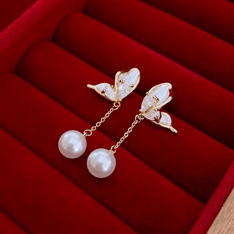Butterfly Zircon Imitation Artificial Pearl Drop Earrings With Silver Earring Post Copper Gold Plated Elegant Sweet Women Accessory