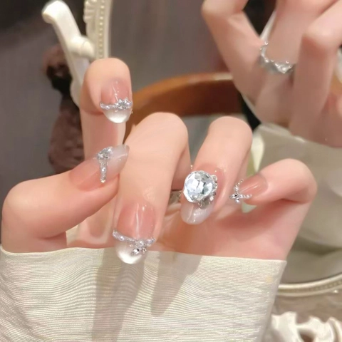 Unghie Finte Press On Francesi Occhio Di Gatto ABS Con Perla Artificial Rhinestone Fiore Ovali Eleganti Per Donne
