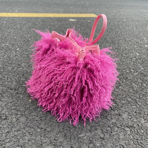 Women Faux Fur Plush Bucket Bag Y2K Punk Style Faux Sheep Hair Handbag Drawstring Tassel Top Handle Shoulder Bag For Everyday Wear
