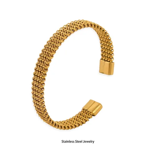 Bracciale Rigido Aperto Maglia Intrecciata Acciaio Inossidabile Placcato Oro 18K Ritorto Forma C Gioielli Hip Hop