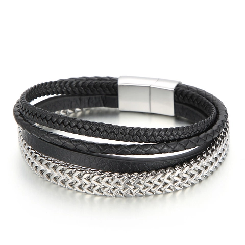 Bracciale Multistrato In Vera Pelle Intrecciata Con Catena In Acciaio Inossidabile E Chiusura Magnetica Per Uomo Stile Punk