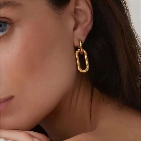 Textured Stainless Steel Oval Link Chain Hoop Earrings 18K Gold Plated Geometric Striped Jewelry For Women