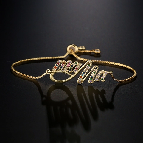 Mama Script Letter Adjustable Bracelet Gold Plated Copper Multicolored Zircon Elegant Box Chain Jewelry Gift For Women