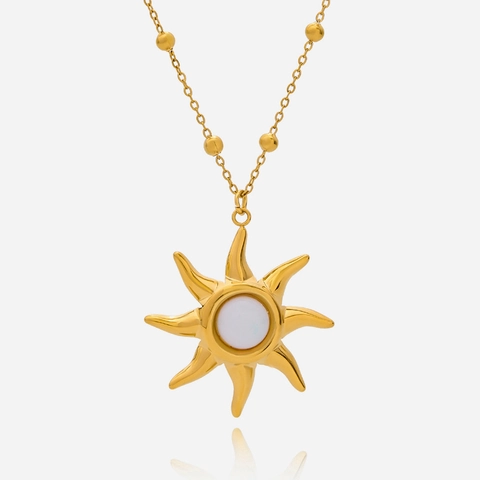 Sonnenanhänger Halskette Für Damen Edelstahl 18K Vergoldet Weißer Opal Edelstein Perlen Satellitenkette Boho Schmuck