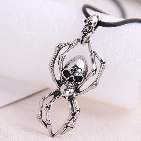 Collana Con Pendente Ragno Teschio Lega Argento Antico Cordino Nero Gothic Punk Retro Hip Hop Gioielli Vintage Per Uomini