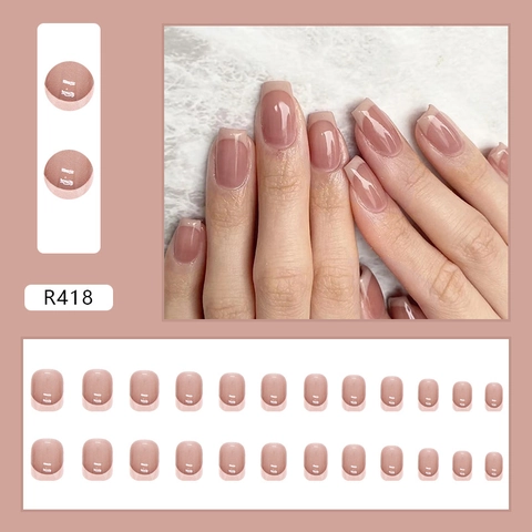 Faux Ongles à Presser Français Simples Carré Rond Court Rose Translucide Dégradé Nude Avec Colle pour Femme Manucure Décorative Quotidienne