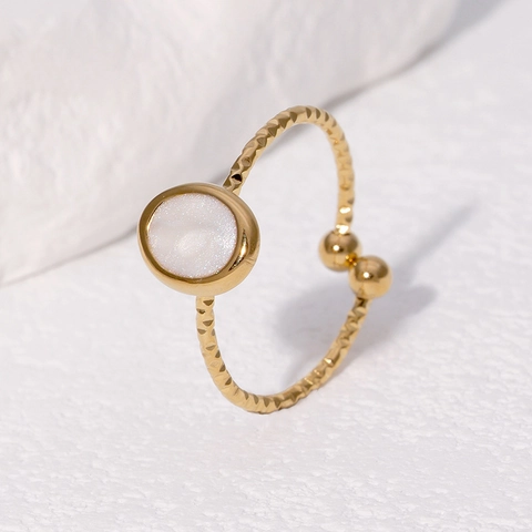 Anello Aperto Regolabile Acciaio Inossidabile Texture Martellata Inserto Ovale Stile Francese Vintage Lusso Placcato Oro Gioielli