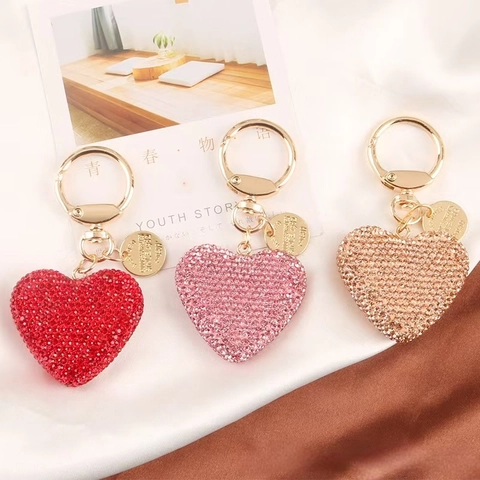 Bling Rhinestone Heart Keychain Full Pavé Crystal Bag Charm Gold Alloy Pendant For Car Keys Women Girls Gift