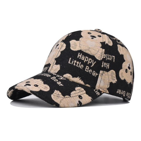 Happy Little Bear Muster Baseballkappe Polyester Baumwolle Mischung Full Print Gebogener Schirm Verstellbar Sonnenhut Unisex