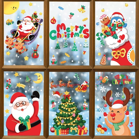Christmas Window Static Clings PVC Reusable Double Sided Snowflake Santa Reindeer Decor For Glass Door
