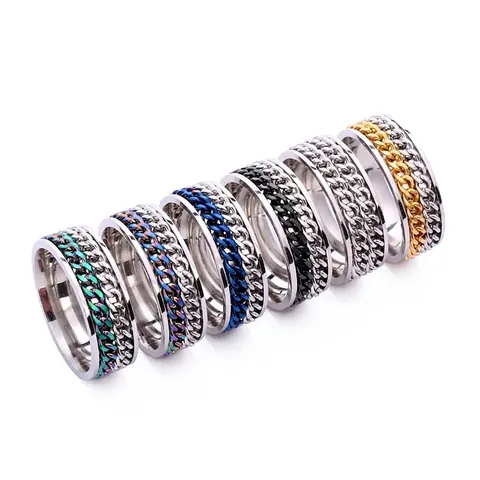 Rotatable Chain Spinner Ring Stainless Steel Stress Relief Anxiety Finger Jewelry Punk Industrial Style For Men Women