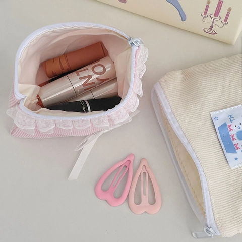 Corduroy Münzbörse Mini Organizer Tasche Mit Reißverschluss Kleiner Beutel Mit Schleife Ballett Stil Süß Für Den Alltag