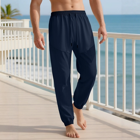 Pantalones De Jogging Para Hombre Ligeros Aspecto Lino Textura De Rejilla Cordón Cintura Elástica Casual Verano