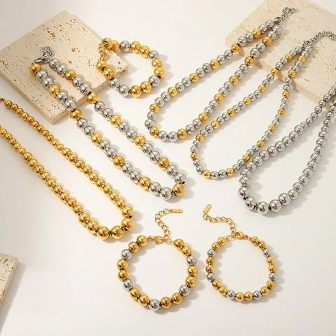 Polished Round Bead Necklace 304 Stainless Steel PVD Gold Plated Non Fading Waterproof Hypoallergenic Jewelry Women