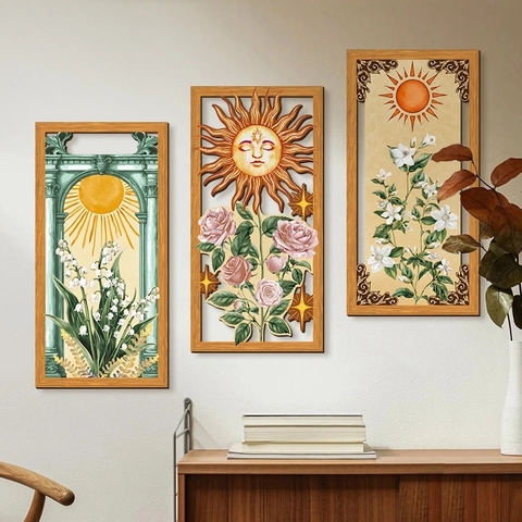 Bohemian Wood Wall Art Sun And Flower Hollow Carved Hanging Sign Retro Nature Theme Decor For Home Office