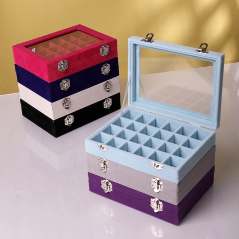 Fluwelen Sieradendoos Met Transparant Glazen Deksel Metalen Sluiting Ring Slot Display Case Kleine Reis Sieraden Organizer Voor Vrouwen
