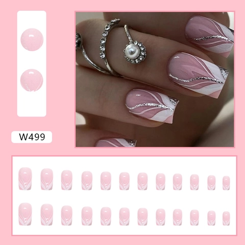 Vierkante Kunstnagels Roze Nude Witte Golven Zilveren Glitters Elegante Manicure Voor Vrouwen