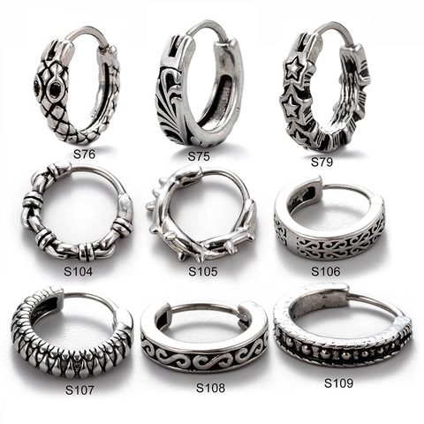 Vintage Stainless Steel Hoop Earrings Men Punk Geometric Star Snake Spike Textured Ear Buckles Hip Hop Jewelry