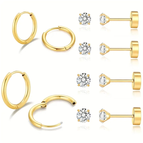Zircon Stud Earrings And Hoop Earrings Stainless Steel Minimalist Round Geometric Jewelry For Women Simple Elegant Fashion Accessories