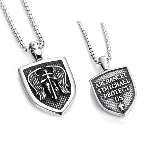 Collier Pendentif Bouclier Archange Saint Michel Acier Inoxydable Vintage Religieux Ailes Croix Gravé Poli Bijoux