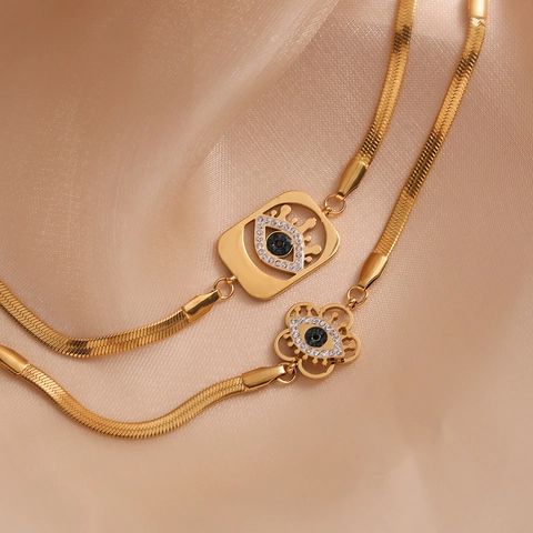 Evil Eye Bracelet Women Stainless Steel Gold Plated Blue Zircon Pendant Flat Snake Bone Chain Retro Fashion Jewelry
