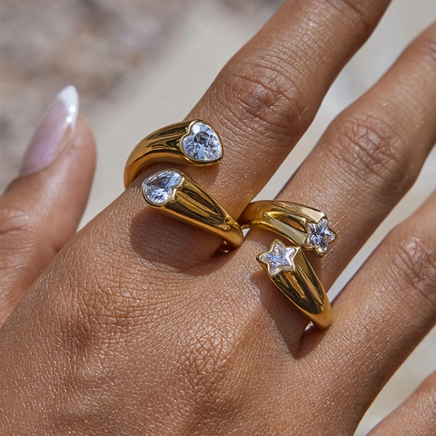 Stainless Steel Heart Star Open Ring For Women Gold Plated Rhinestone Adjustable Toi Et Moi Finger Ring Fashion Jewelry