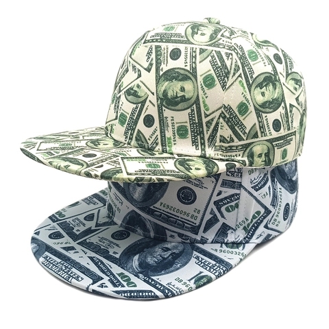 Snapback Baseball Cap Polyester Money Pattern Print Hip Hop Flat Brim Adjustable Novelty Hat For Men Women