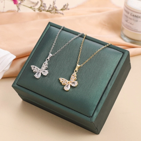 Hollow Butterfly Pendant Necklace Titanium Steel Chain Sparkling Zircon Inlaid Elegant Jewelry For Women