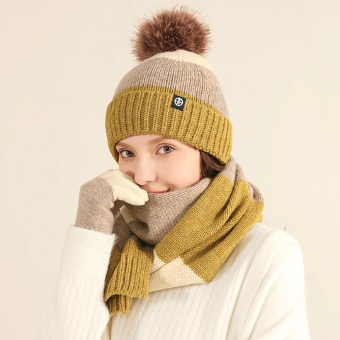 Conjunto de Invierno de 3 Piezas para Mujer Gorro Bufanda y Guantes de Punto Bloques de Color con Pompon Cálido Espesado