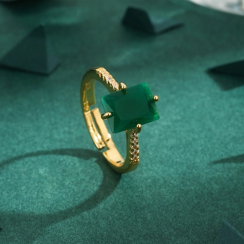 Anillo Abierto Cuadrado Verde Esmeralda Strass Estilo Vintage Chino para Mujer Minimalista Chapado en Oro Cobre Joyería