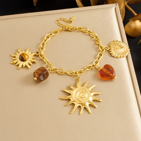 Pulsera De Acero Inoxidable Chapada En Oro Colgantes Sol Corazón Ojo De Tigre Joyería Vintage Para Mujer