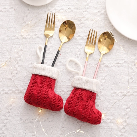 Mini Christmas Stocking Cutlery Holders Knitted Socks For Festive Table Decoration Red White Cable Knit Xmas Ornaments