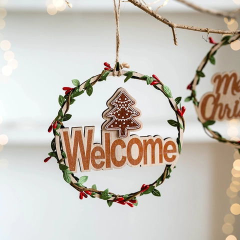 Kerst Houten Krans Hangende Decoratie Welcome Bord Merry Christmas Decor Kunstmatig Groen Rode Bessen Jute Touw