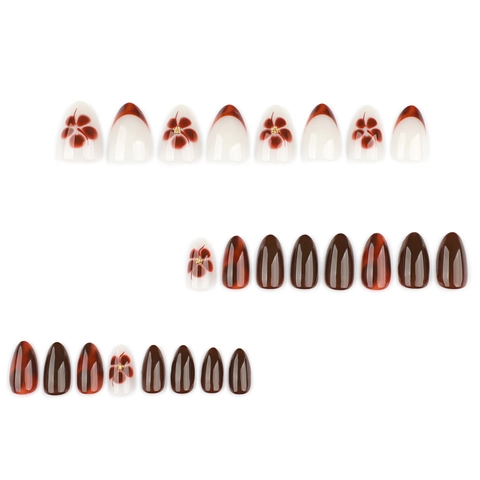 Brown Amber Tortoiseshell Press On Nails Almond Shape French Style Floral Design High Gloss Full Cover False Nails