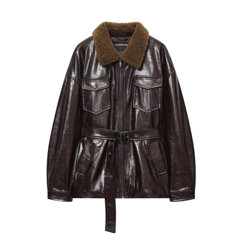 Women Faux Leather Jacket With Faux Lamb Wool Collar Belted Mid-Length Vintage Coated Shiny Outerwear Casual