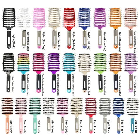Boar Bristle Curved Vented Hair Brush Detangling Massage Comb For Blow Drying Styling Anti Static Rib Design Professional