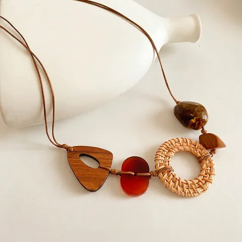Collier Pendentif Bohème Tissage En Rotin Bois Résine Géométrique Style Ethnique Fait Main Chaîne De Pull Pour Femmes