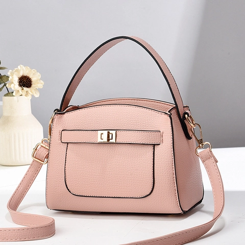 Women Fashion Handbag Litchi Pattern PU Leather Top Handle Shoulder Crossbody Bag Elegant Turn Lock Satchel Purse