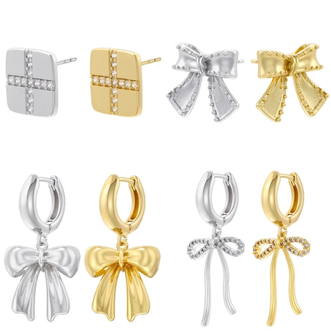 Sweet Copper Gold Plated Bow Earrings Square Cross Zirconia Stud Earrings For Women Personality Fashion Jewelry Gift