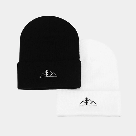 Berretto Beanie In Acrilico A Maglia Con Ricamo Montagna Pino Risvolto Caldo Outdoor Inverno Vintage Uomo Donna