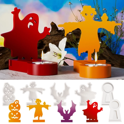 Molde De Silicona Halloween Calabaza Fantasma Murciélago Espantapájaros DIY Portavelas Resina Artesanía Aromaterapia Decoración Escritorio