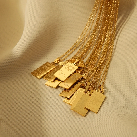 Zodiac Constellation Necklace For Women 18K Gold Plated Stainless Steel Rectangular Pendant Minimalist Jewelry