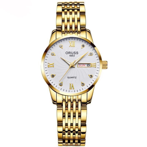 Orologio al Quarzo di Lusso da Donna in Lega di Acciaio Inossidabile Doppio Calendario Impermeabile Luminoso Strass Numeri Romani Business Casual Orologio da Polso
