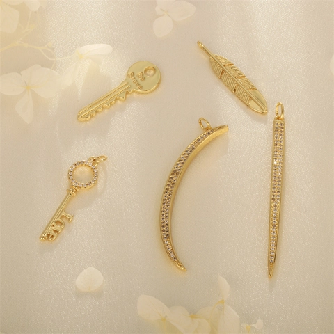Gold Plated Copper Cubic Zirconia Pendants For DIY Jewelry Charms Moon Key Feather Letter Love Be Brave Style