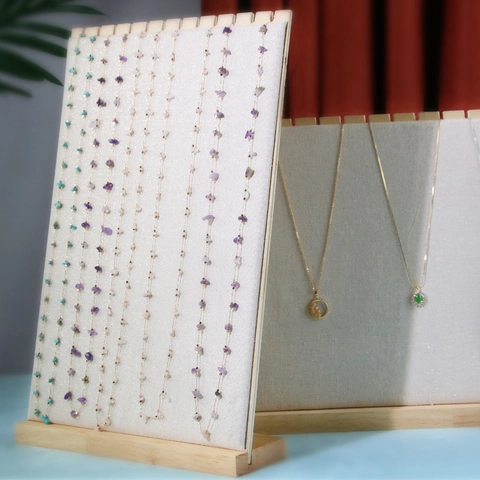 Necklace Display Stand Solid Wood Base Linen Fabric Jewelry Organizer Board Detachable Pendant Bracelet Storage Rack