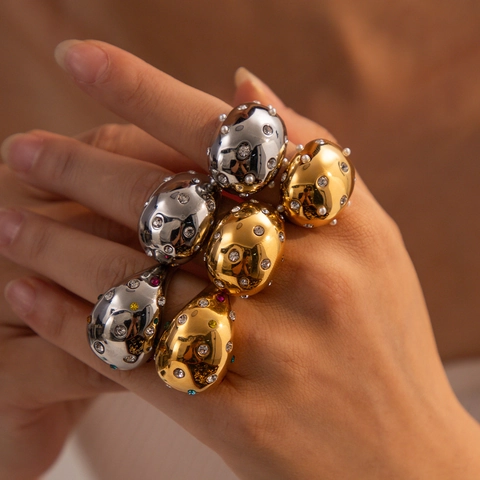 Exaggerated Stainless Steel Ring Gold Plated Colorful Zircon Inlaid Geometric Egg Shape Luxury Jewelry For Women